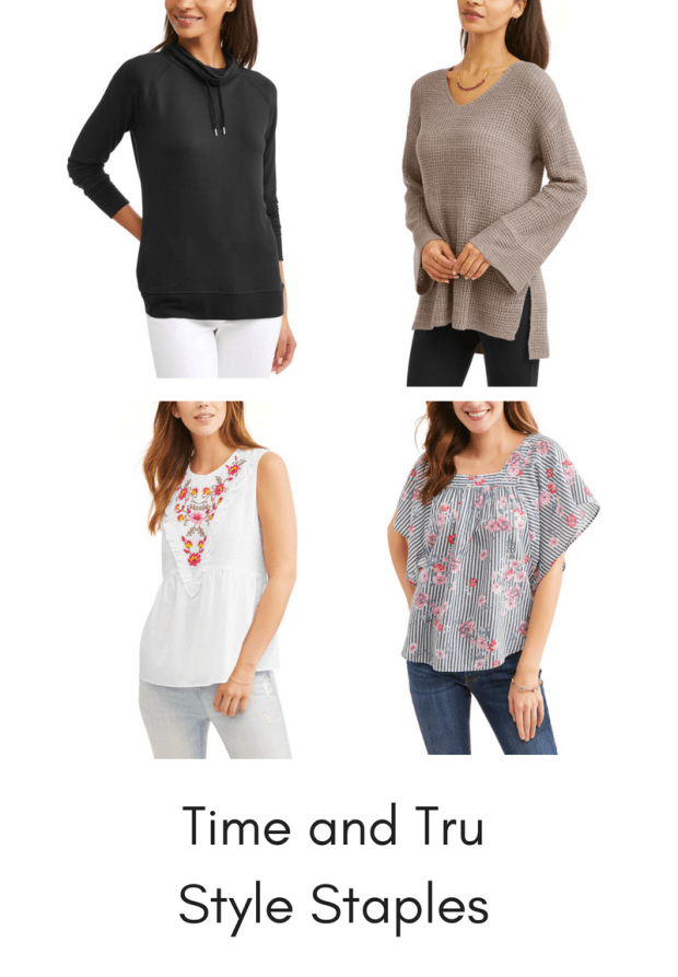 Top left to bottom right: 1. Time & Tru Faded Glory Athleisure Cowlneck Pullover, $15/ 2. Time & Tru Bell Sleeve Sweater, $15/ 3. Time & Tru Dotted Embroidered Tank Top, $12 /4. Time & Tru Flutter Sleeve Top, $12/
