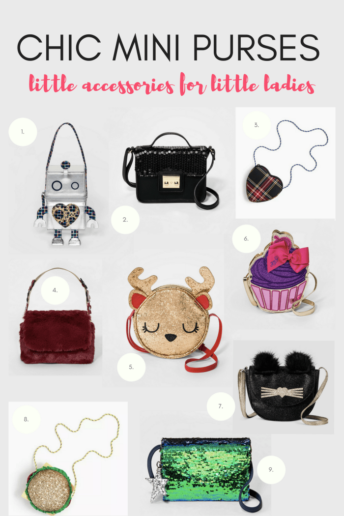 1. Robot Zip Satchel, $7 / 2. Top Handle Cross-Body Bag, $9/ 3. Heart Plaid Bag, $25/ 4. Red Faux Fur Satchel, $7/ 5. Reindeer Crossbody Bag, $7/ 6. Cupcake Crossbody Bag, $9/ 7. Cat Flap Crossbody Bag, $7/ 8. Glitter Hamburger Bag, $50/ 9. Navy and Green Sequin Cross Body, $7