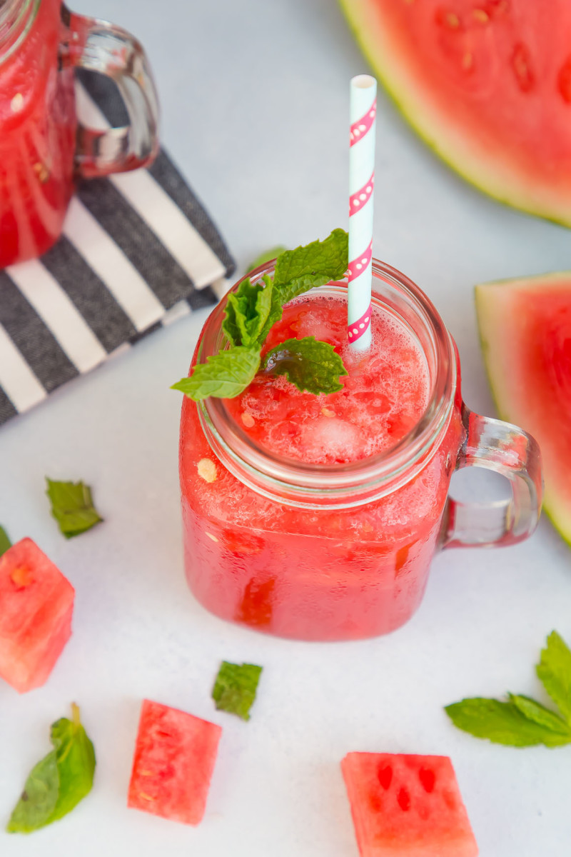 watermelon slush cocktail with mint garnish