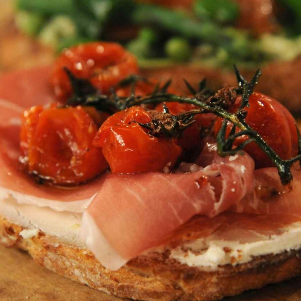 Tartine with Tarragon-Flavored Slow-Roasted Cherry Tomatoes and Proscuitto
