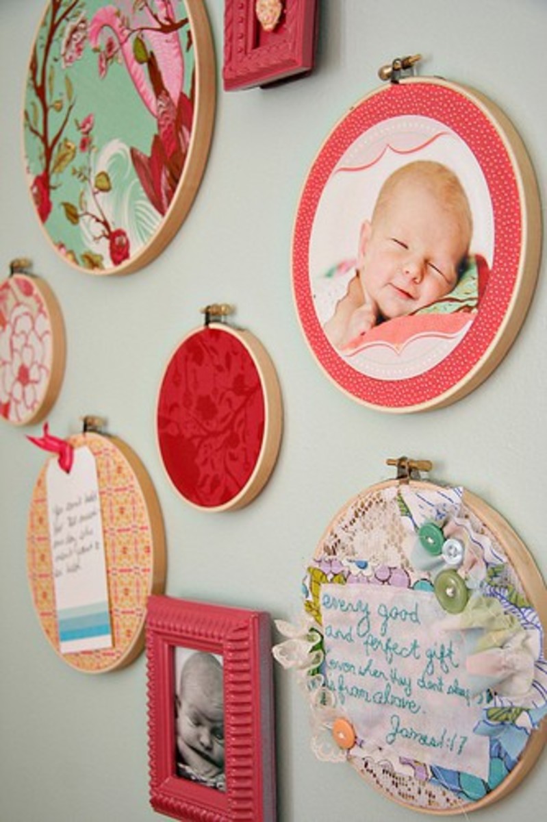 fabric in embroidery hoops nursery wall decor