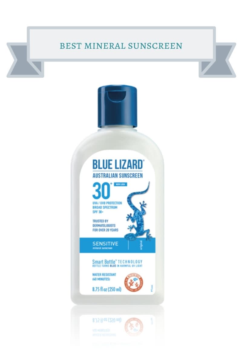 white bottle with blue cap of Blue Lizard Sensitive Mineral Sunscreen