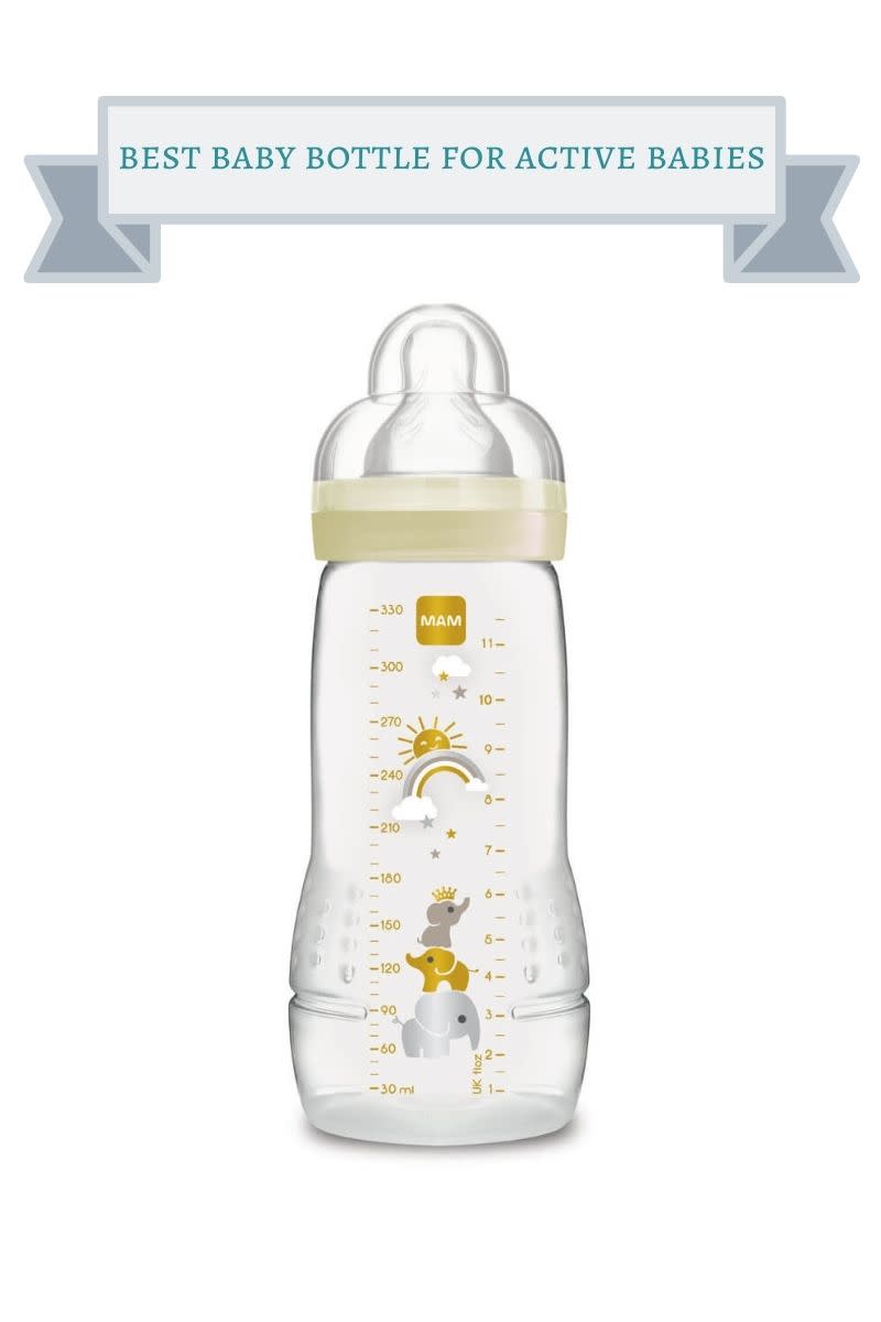 clear baby bottle with yellow elephants, sun and rainbow on outside