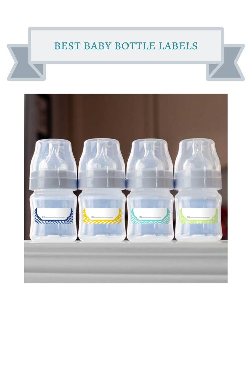 blue, yellow, turquoise and green labels on clear baby bottles