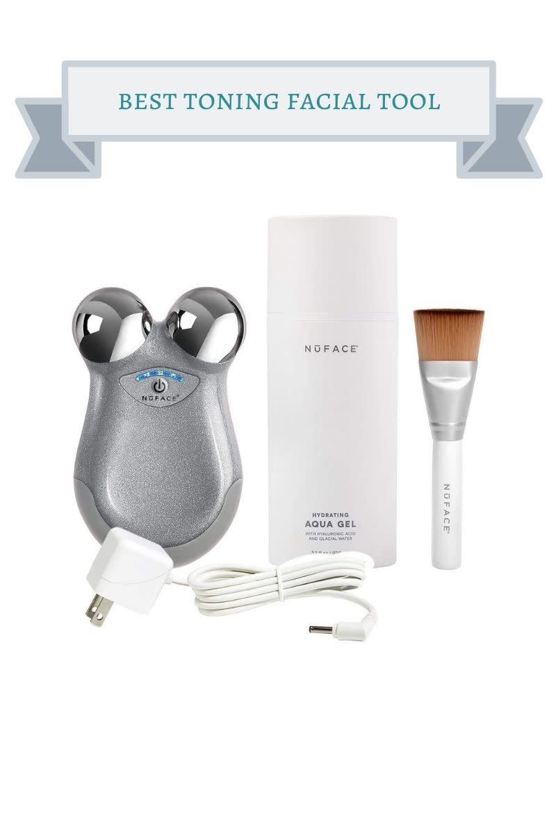 silver nuface tool with white bottle of aqua gel and white and brown skin brush
