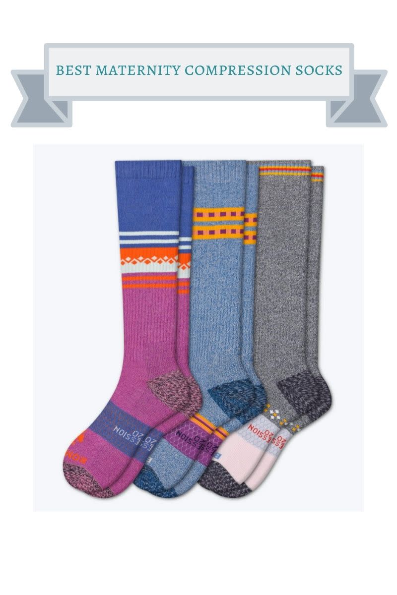 3 pairs of tall purple, blue and orange and blue and orange and gray, yellow and orange fair isle print compression socks
