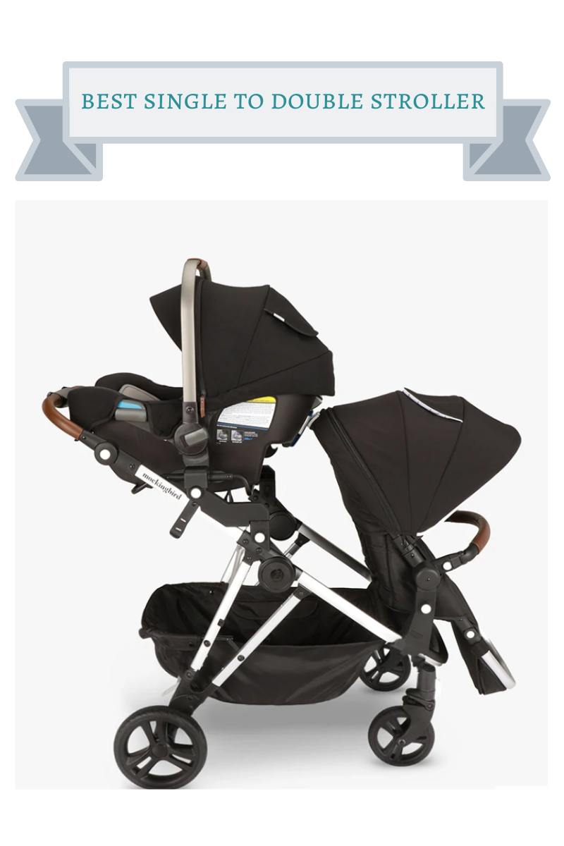 black Mockingbird double stroller with silver and brown leather handles