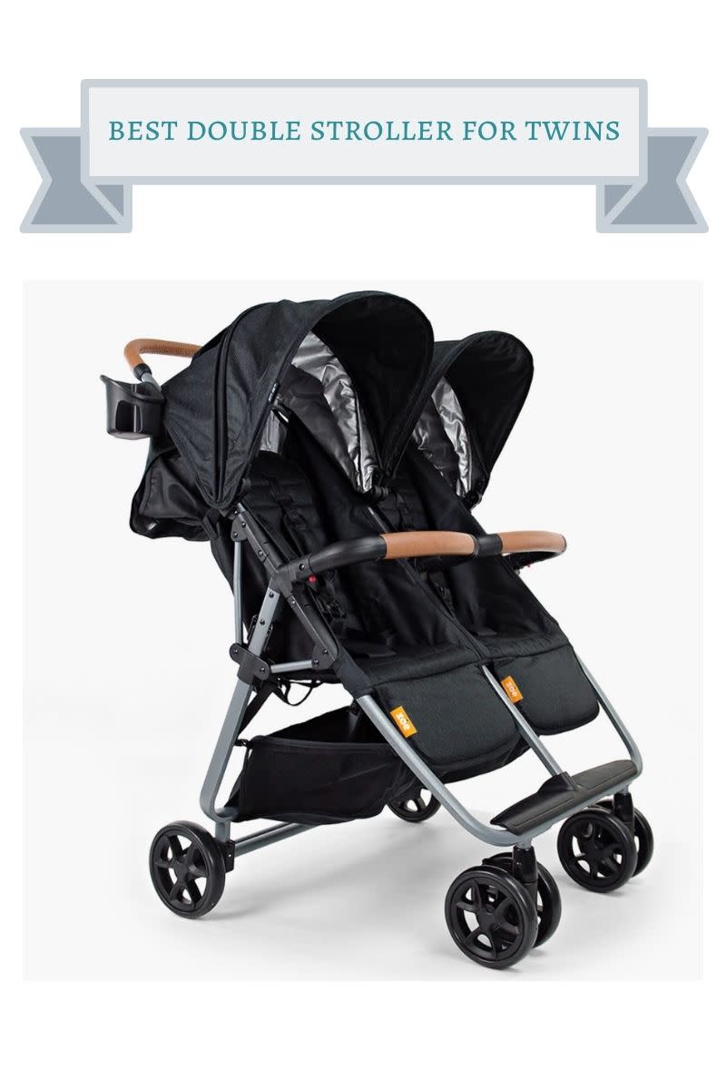 black side by side zoe double stroller with brown leather handles
