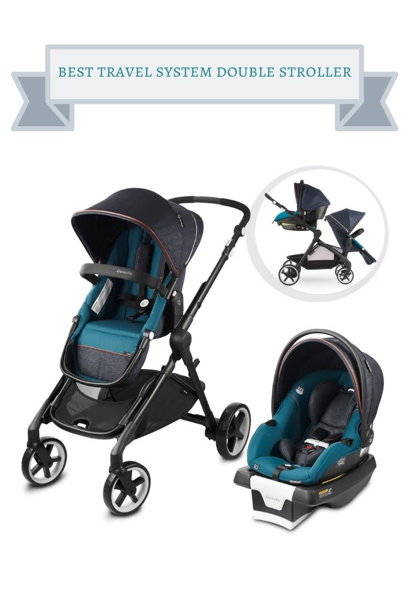 black and turquoise double stroller with infant car seat and tandem seat