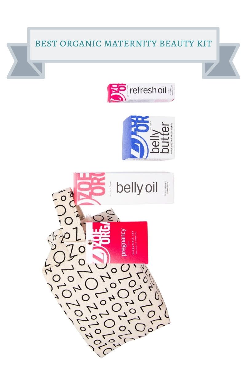 zoe organics maternity kit with white bag with black zoe letters, bright pink and white rectangle refresh oil box, blue and white square belly butter, box, light pink and white rectangle belly oil box, hot pink and white zoe organics tag