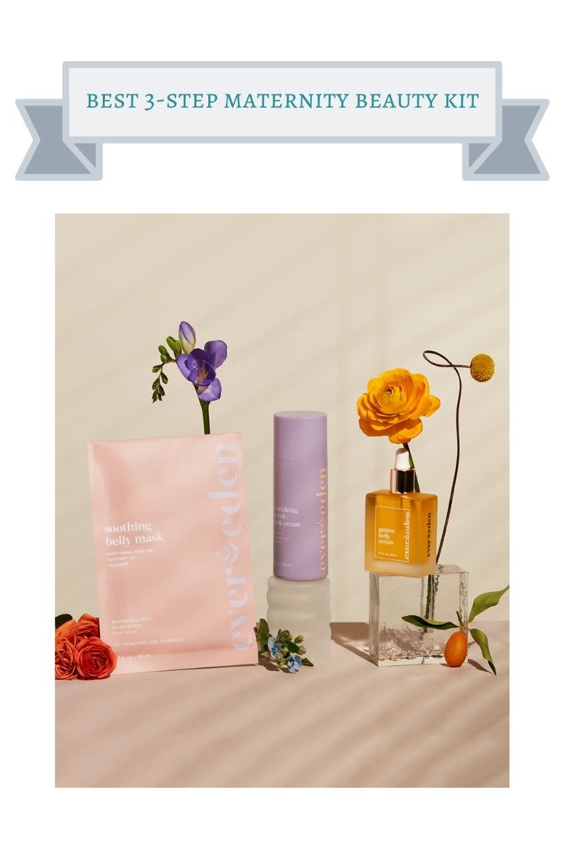 light pink envelope with purple flower on top, purple skincare tube, amber skincare bottle with orange flower on top with orange and blue flowers below
