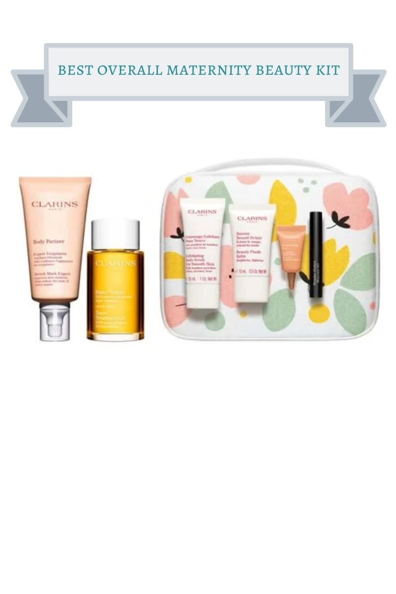 clarins floral vanity case with 2 peach tubes, 2 white tubes, 1 amber bottle with white lid of skincare products and 1 black tube of mascara, below it pregnant woman's belly wearing purple dress holding ultrasound photo of baby