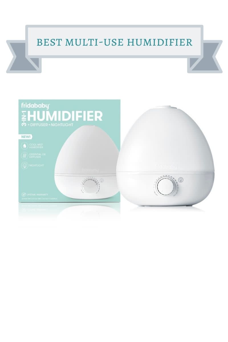 mint green fridababy humidifier box in front of white egg shaped humidifier