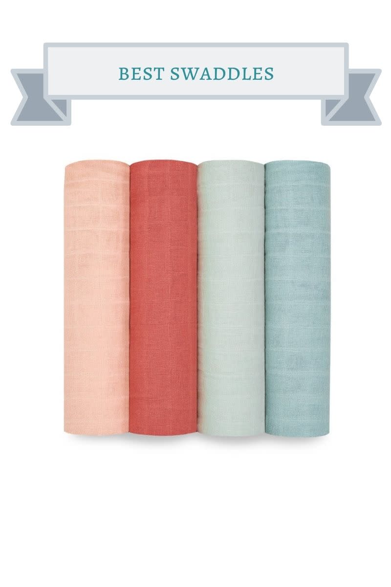 peach, rust, mint and turquoise rolled up muslin swaddle blankets