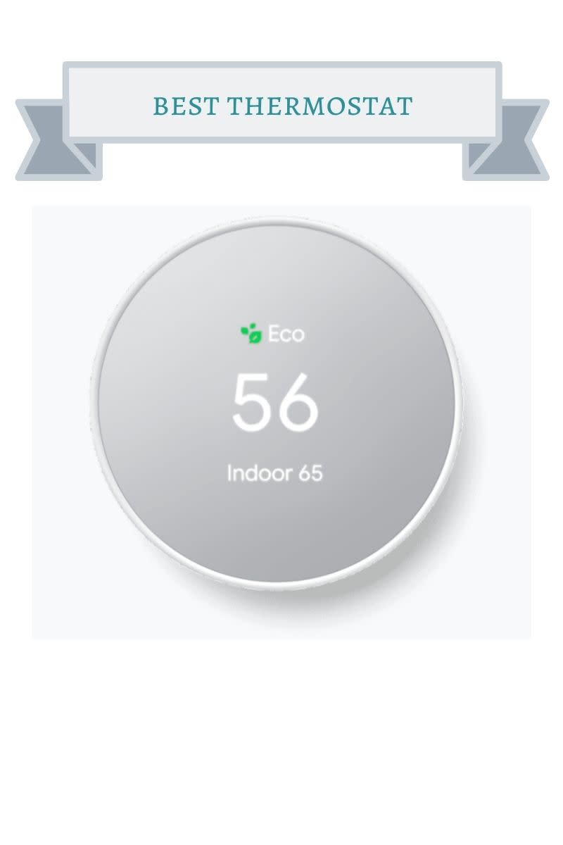 white circle nest thermostat with temperature of 56 eco and 65 indoor on it in white letters