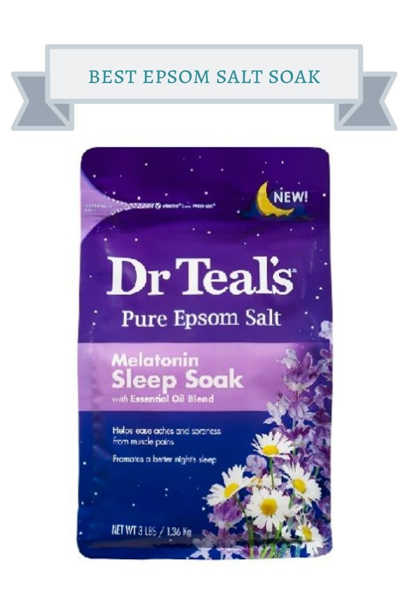 purple rectangle package of Dr. Teal's Melatonin Sleep Soak written in white and white and yellow daisies at the bottom and a yellow half moon on top