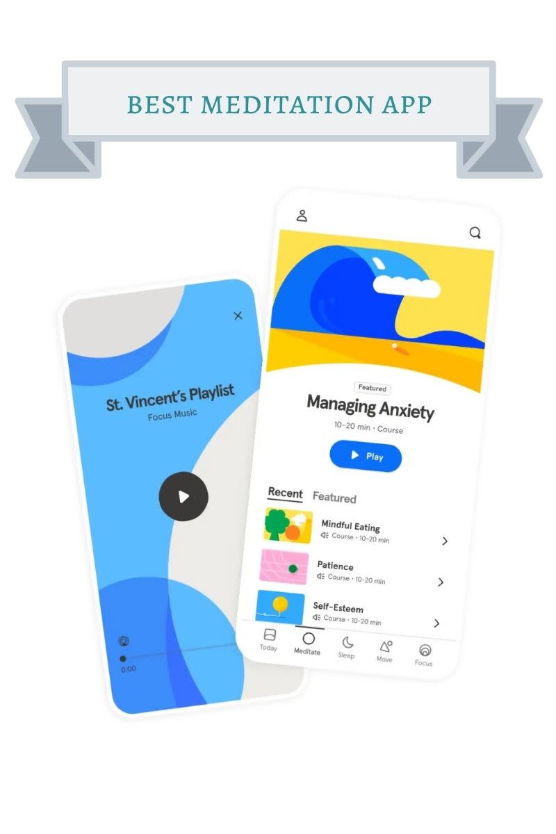 phone screenshots of a managing anxiety meditation with blue wave and yellow sky on top and St. Vincent's Playlist with dark and light blue and white shapes