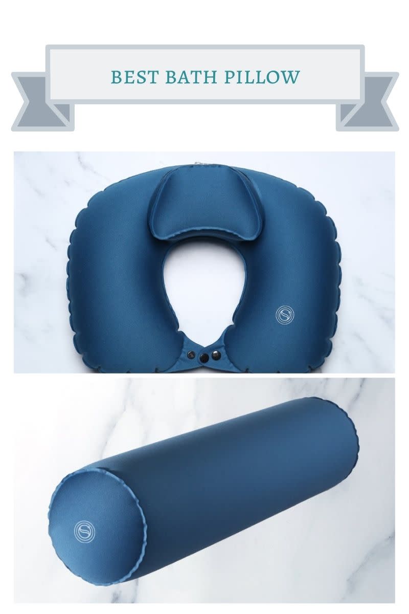 blue circular head bath pillow and blue bolster shaped bath pillow