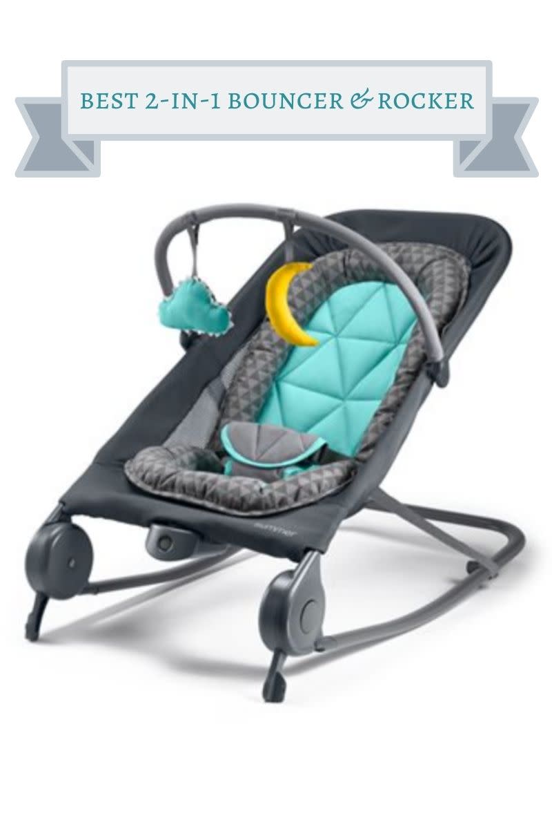 gray and turquoise bouncer with turquoise cloud and yellow crescent moon hanging from gray toy bar