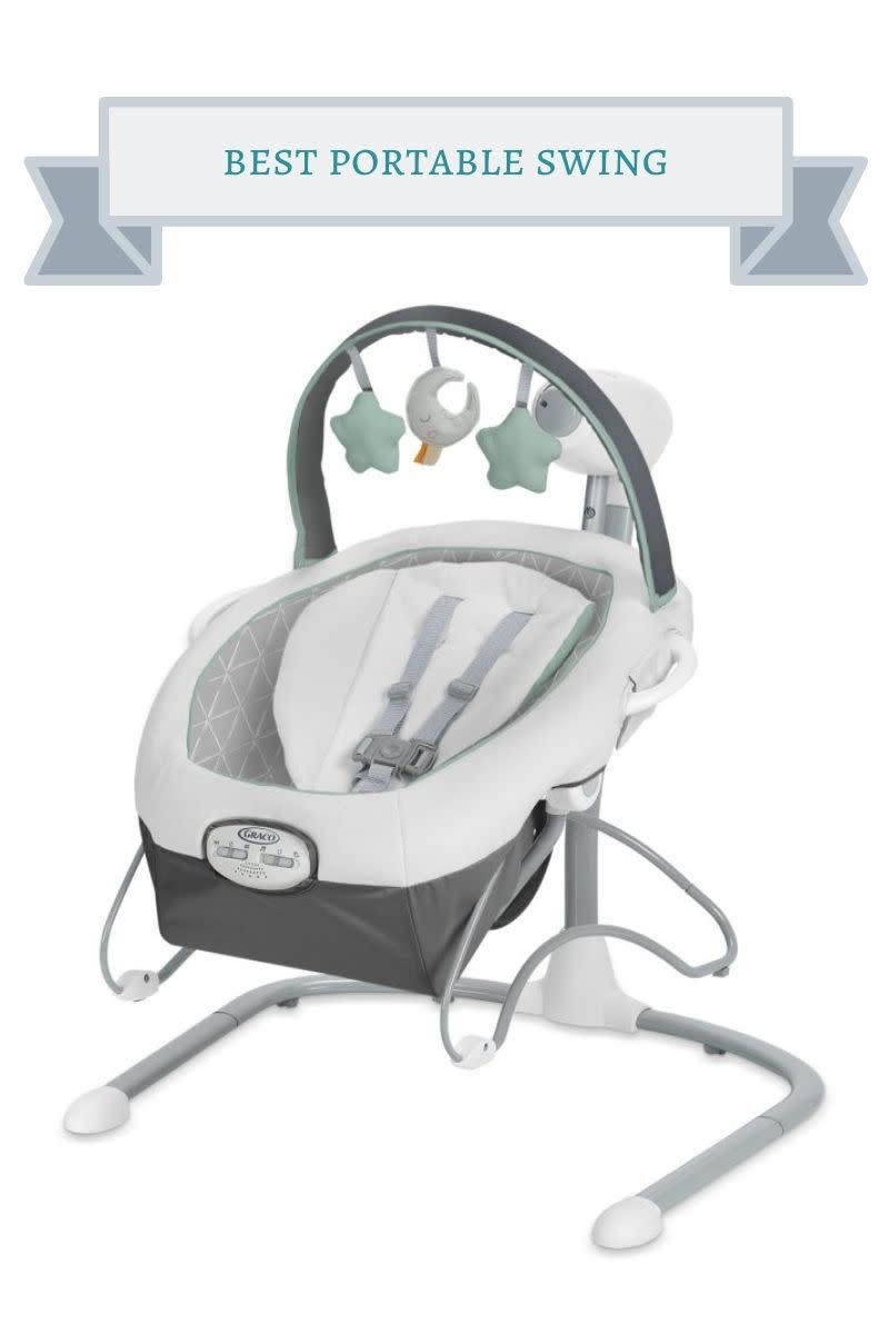 gray and white graco baby swiing with mint green stars and a white crescent moon on the gray toy bar