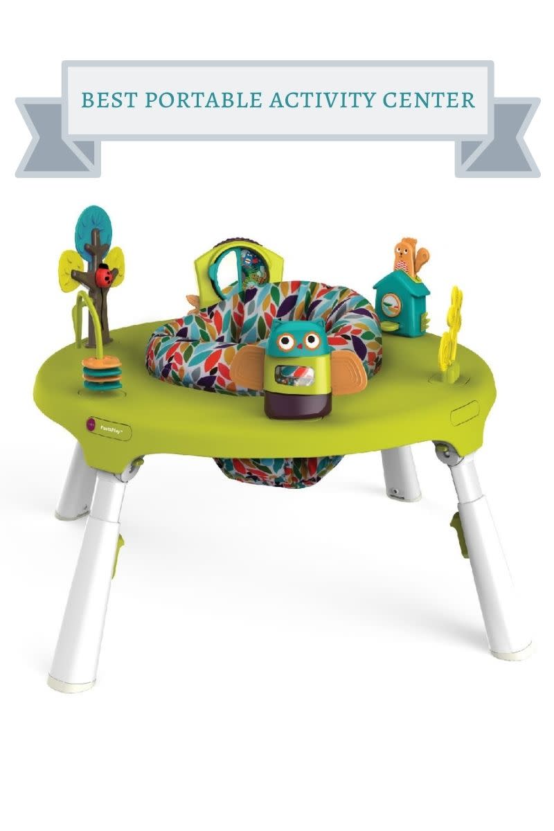 lime green baby activity center with turquoise, lime green andgrow owl, tree, and house with orange squirrel on top and blue, green and orange leaf print seat