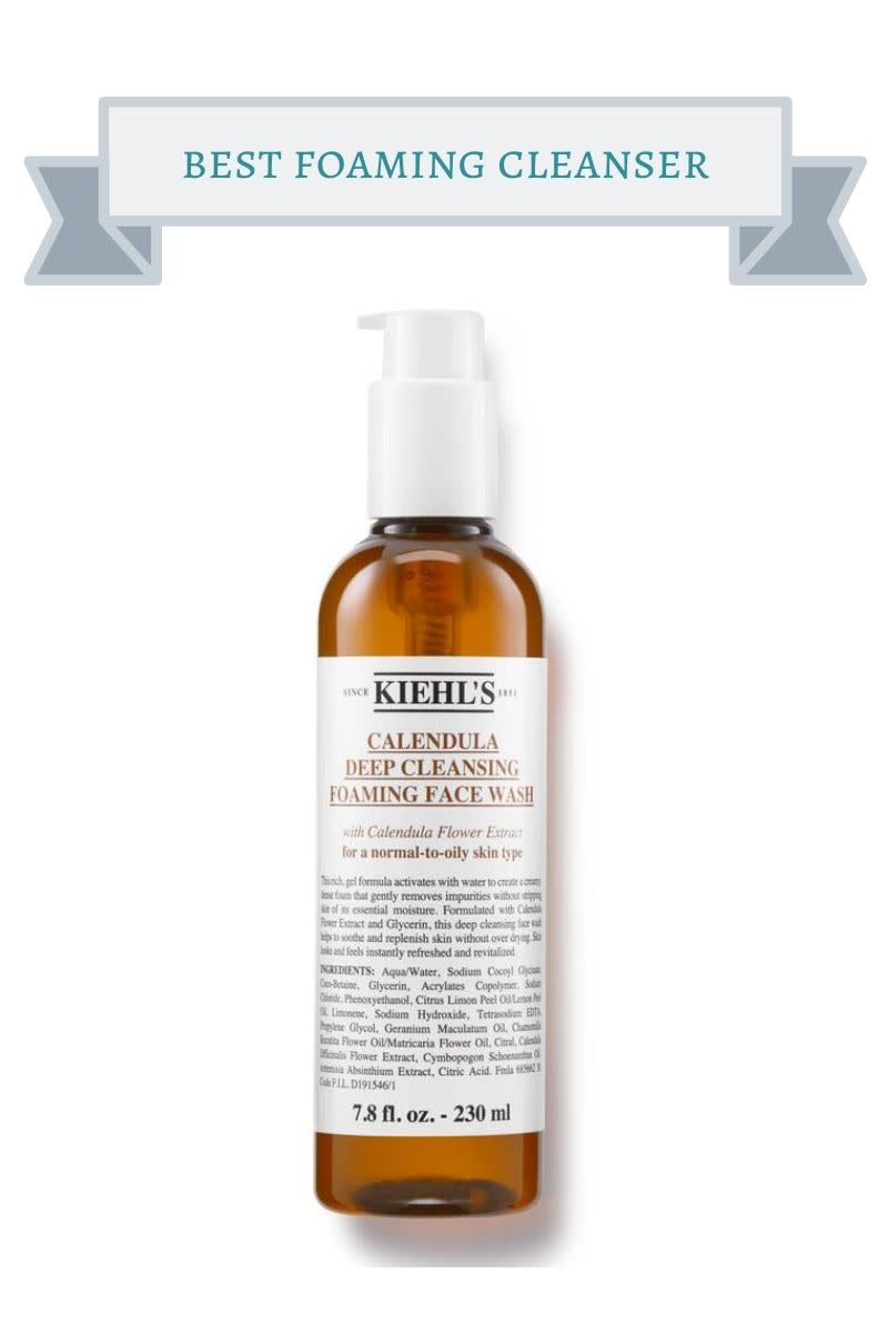 brown and white bottle of Kiehl's Calendula Deep Cleansing Foaming Face Wash with brown lettering