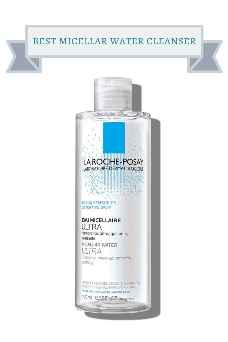 clear bottle of La Roche Posay Micellar Water witih blue rectangle over log and turquoise little dots surrounding it and black letters