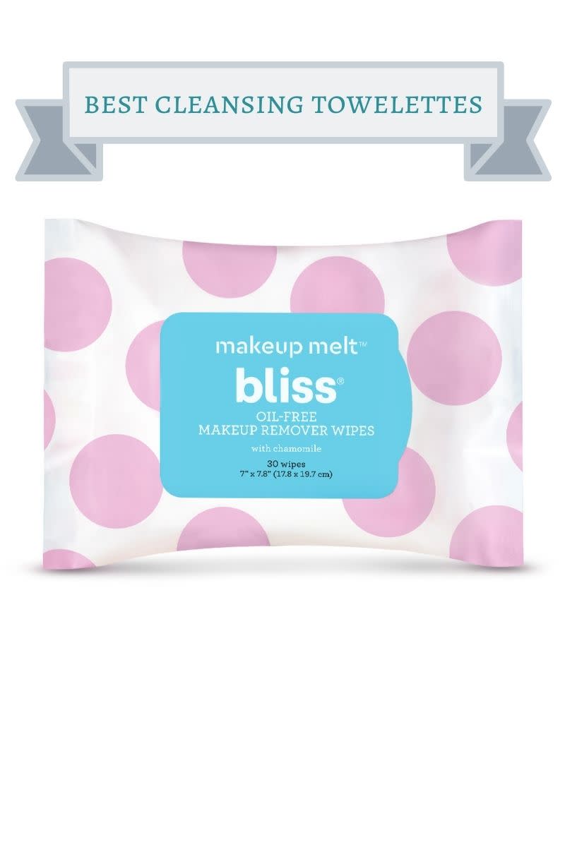 white and pink polka dots package of bliss makeup melt oil-free makeup remover wipes with turquoise logo with white letters