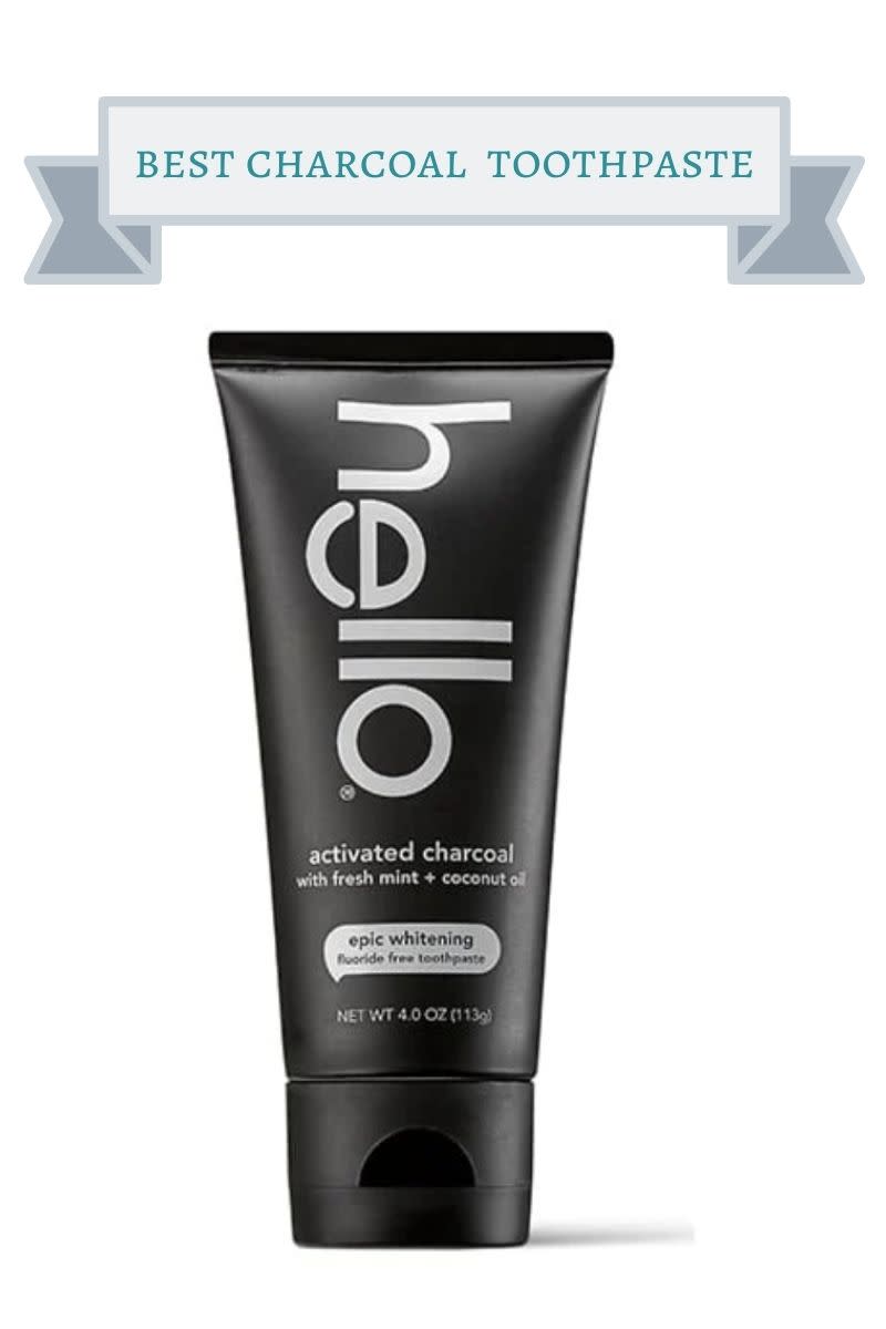 black tube of hello charcoal toothpaste with white letters
