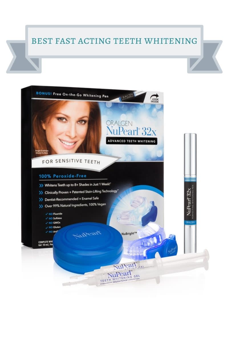 box of oralgen nupearl teeth whitening system with red haired smiling woman on it and blue circole case, blue teeth whitening apparatus and silver and black teeth whitening pen
