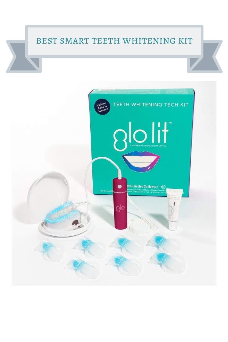 blue green box with glo lit logo and blue and purple smile on it with the glo teeth whitening tray in front of it