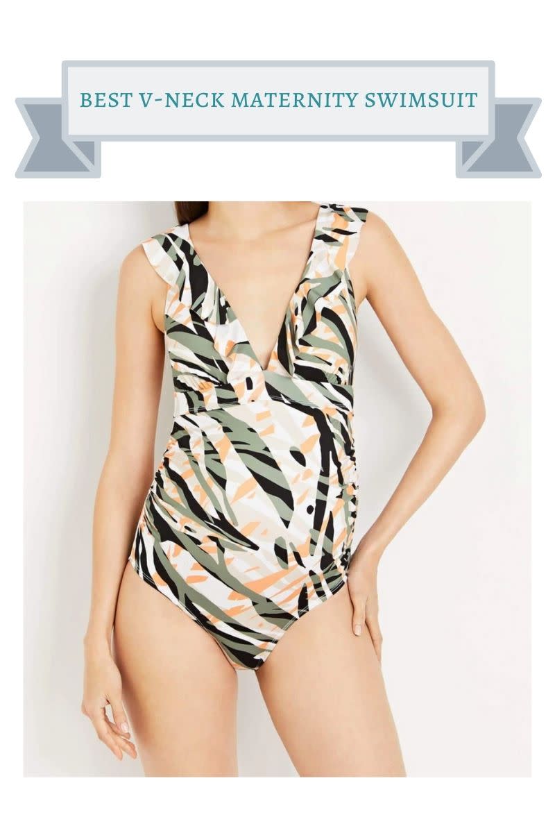 peach, olive green and black zebra print maternity swimsuit with ruffled neckline