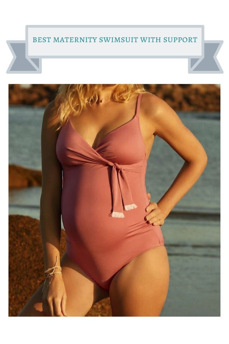dark pink wrap style maternity swimsuit with light pink tassels