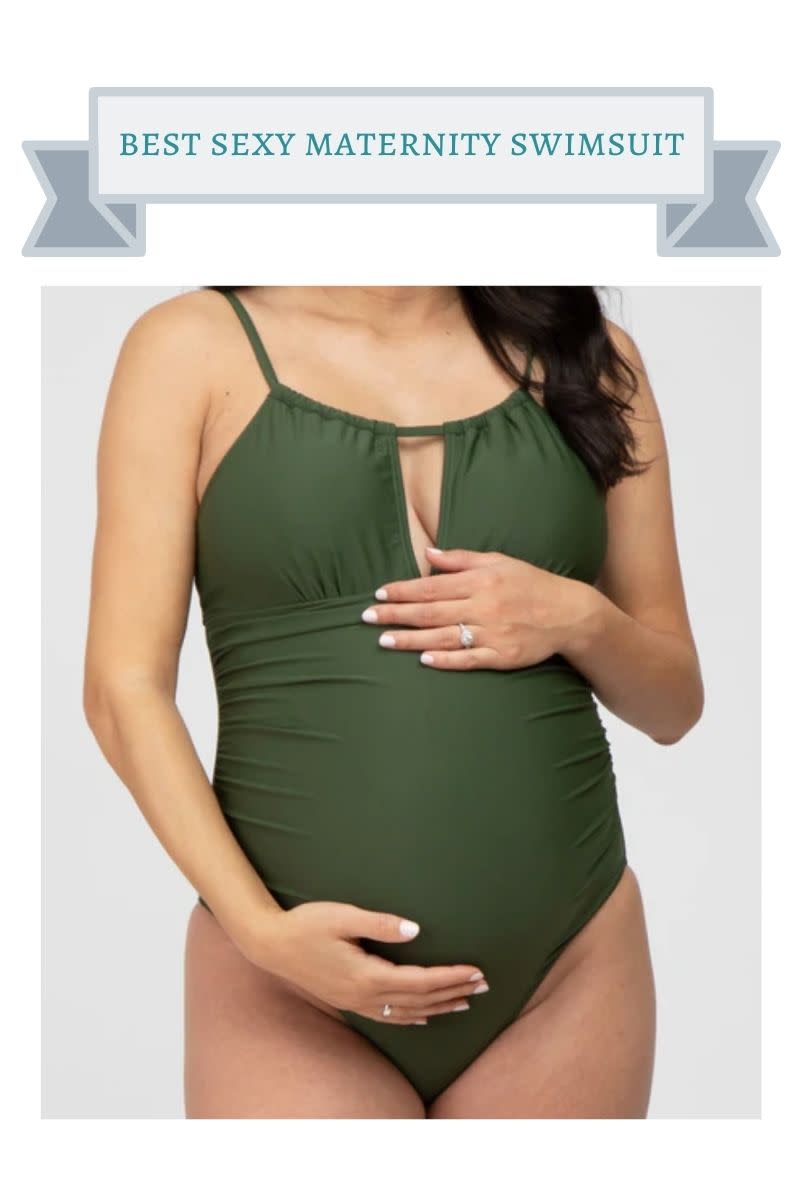 olive green one piece maternity swimsuit with keyhole chest cutout