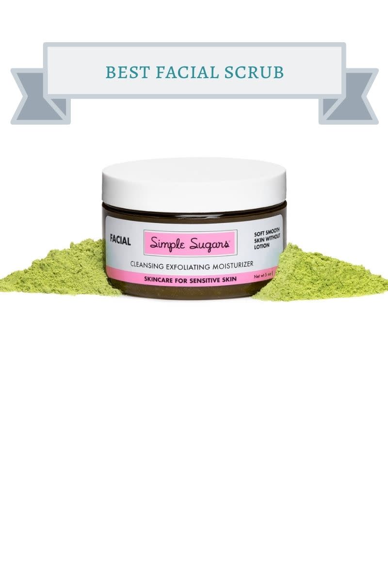 white jar of green simple surgars facial scrub with pink and white label