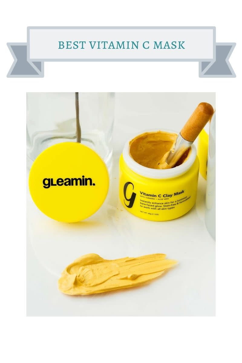 yellow jar of gleamin vitamin c clay mask with brown handle brush inside