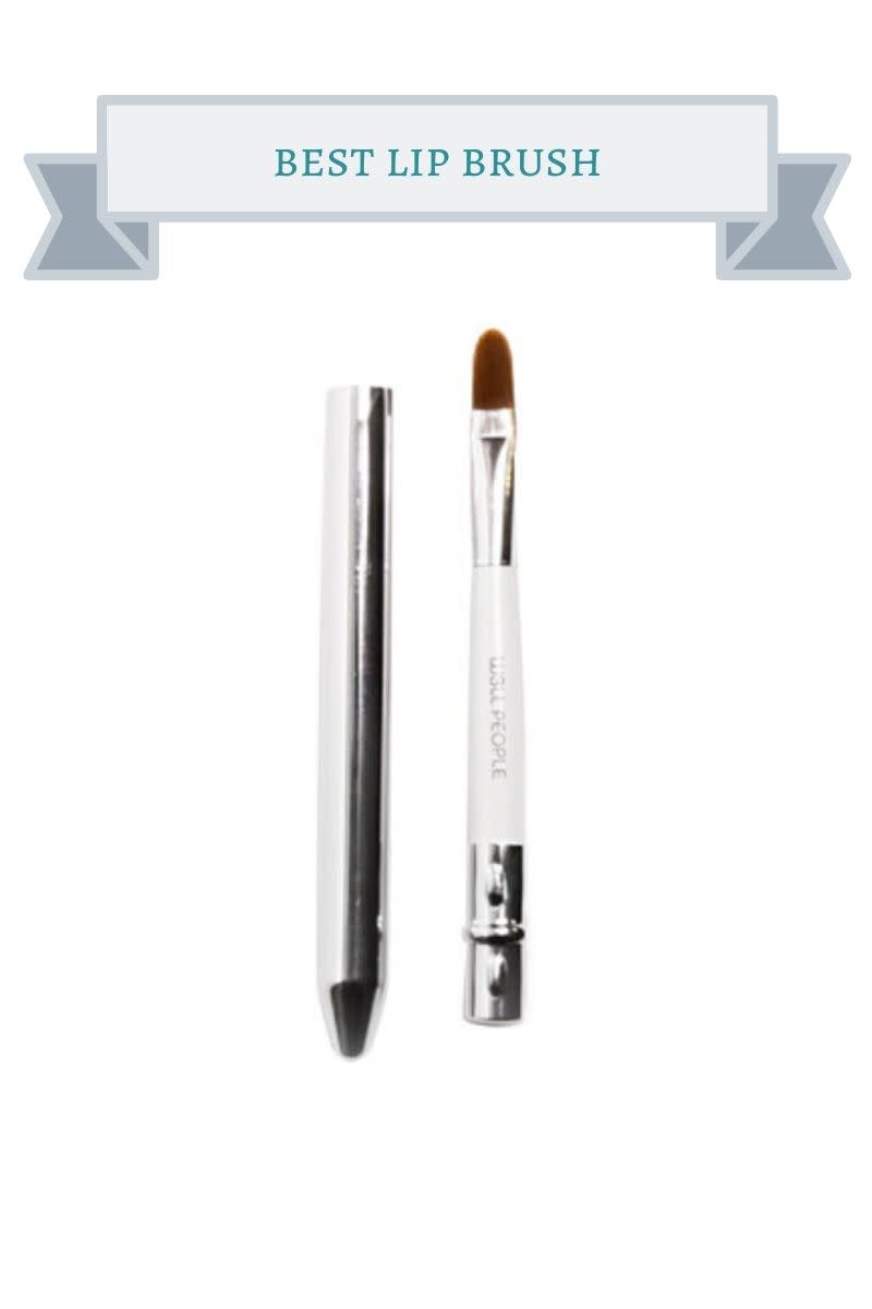 white and silver lip brush with brown bristles and white and silver lid