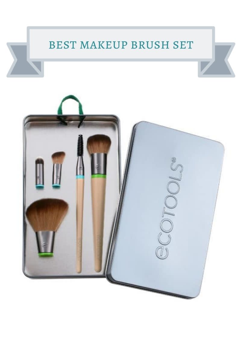 silver box with 5 face makeup brushes set with light wood handles and blue and green stripes