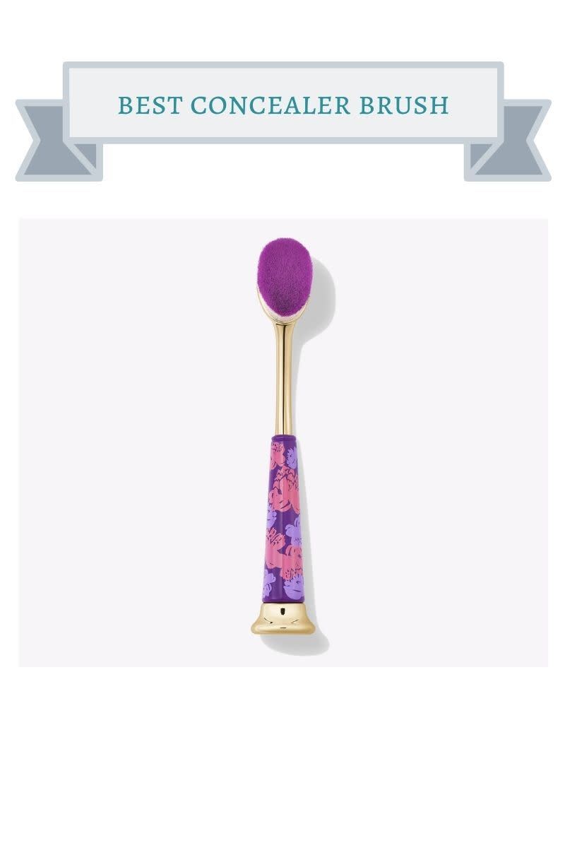 purple and gold concealer brush with purple head and gold and pink and floral handle
