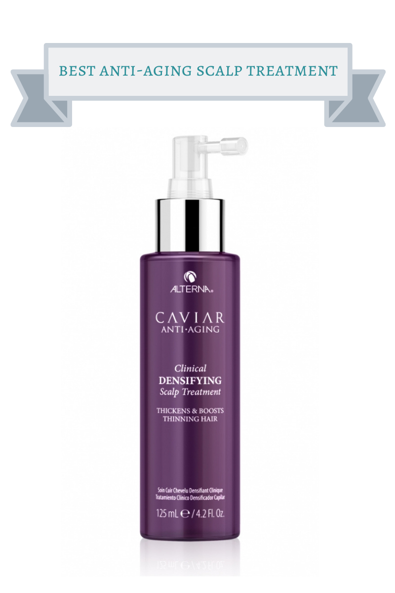 purple bottle with silver and white top of caviar anti aging scalp treatment