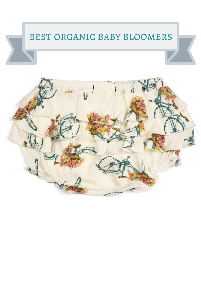 bicycle with multi-colored flowers in the basket print organic ruffled baby bloomers