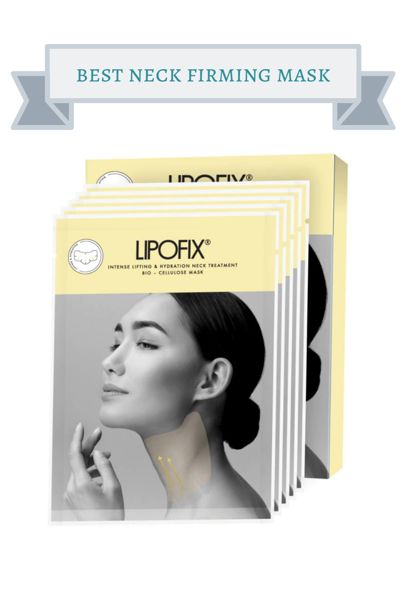 packet of lipofix neck mask with yellow top and black and white photo of dark haired woman with a low bun