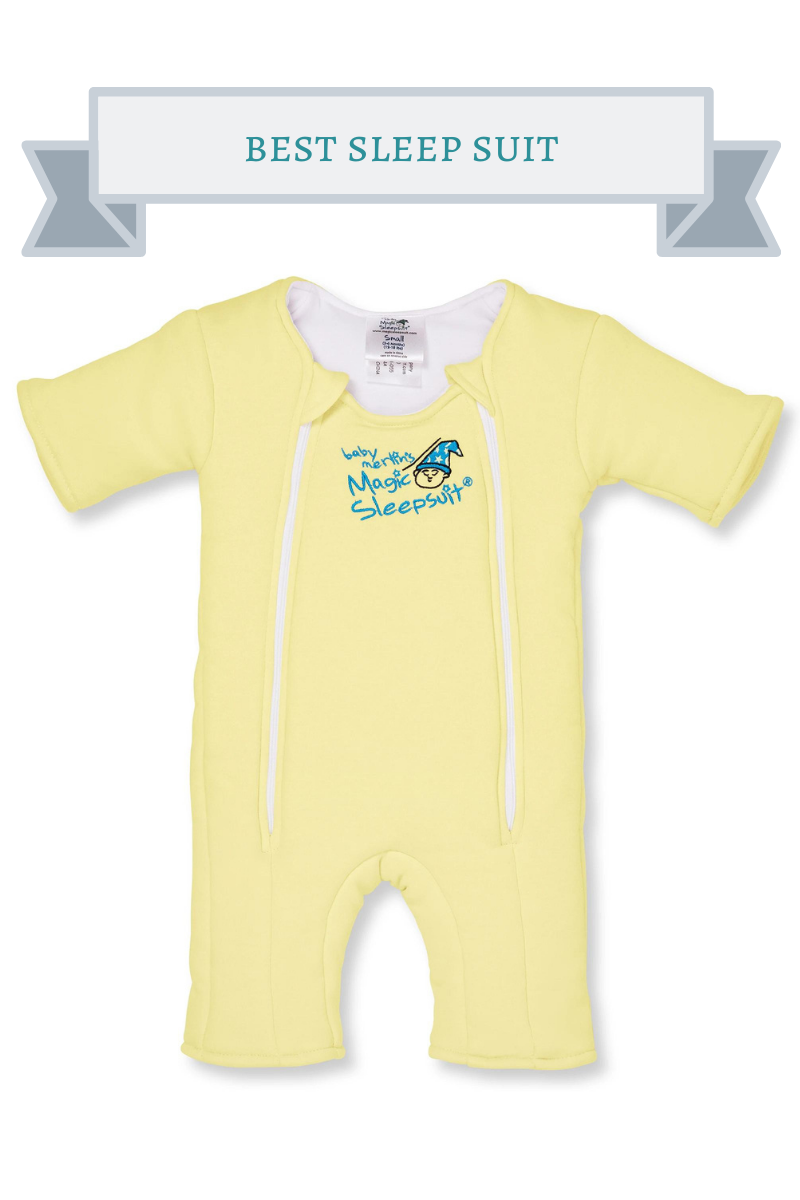 yellow baby sleep suit with log of a boy wearing a blue magician's hat with white stars