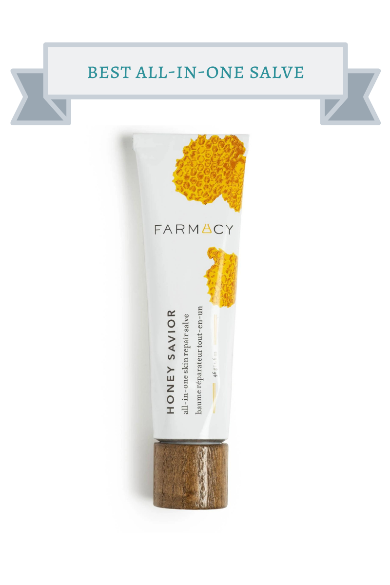 white tube of farmacy honey savior with yellow honeycomb on it