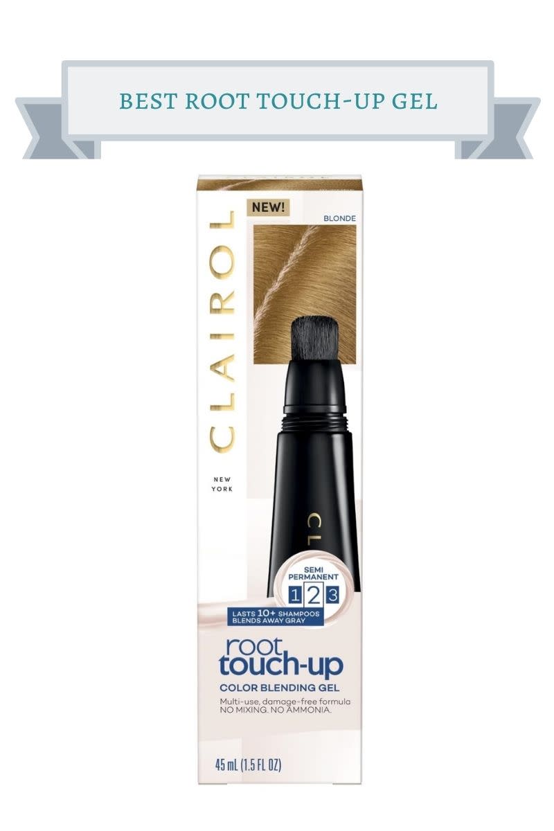 black bottle of clairol root touch-up on white box with gold letters