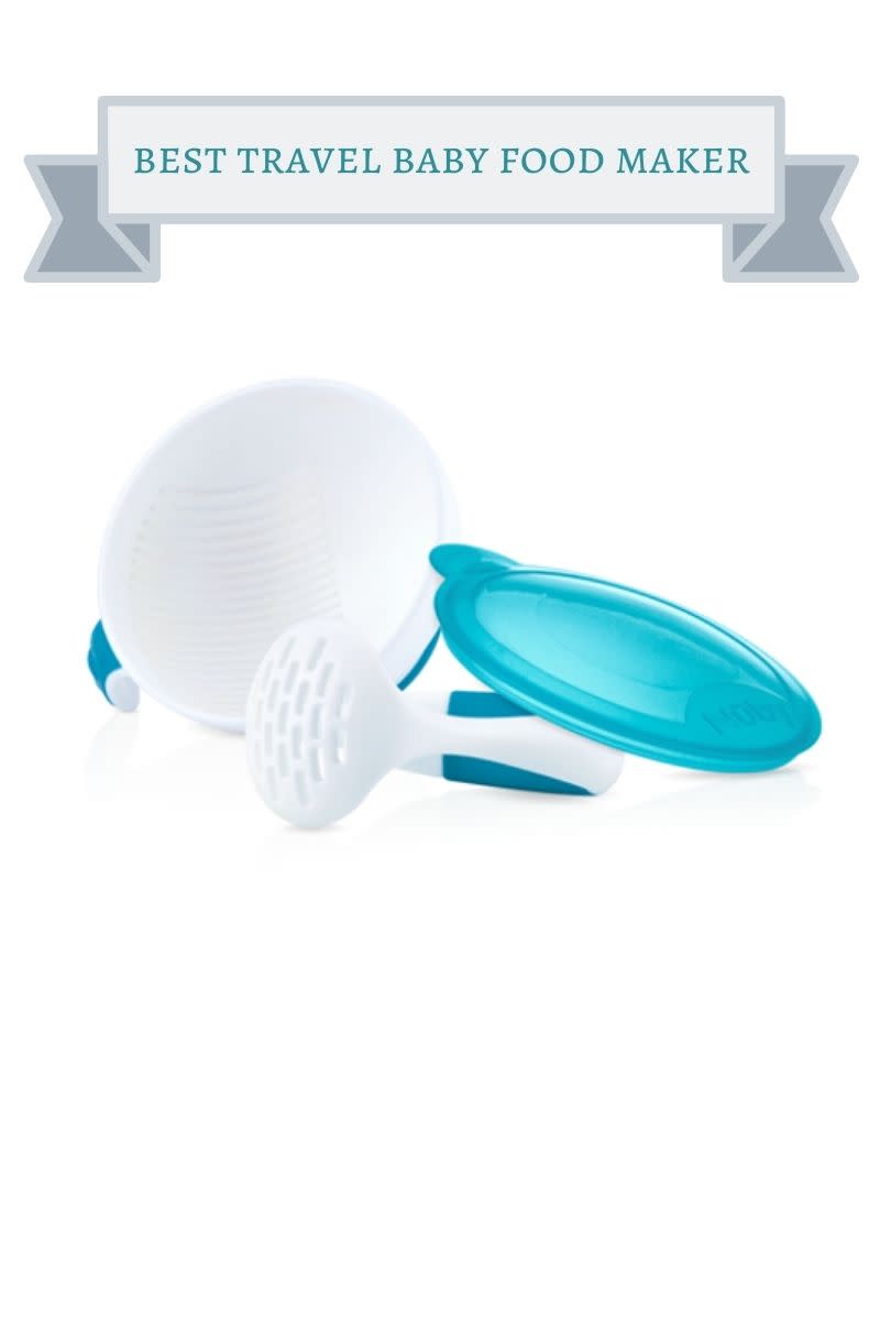 turquoise and white travel baby food masher and bowl