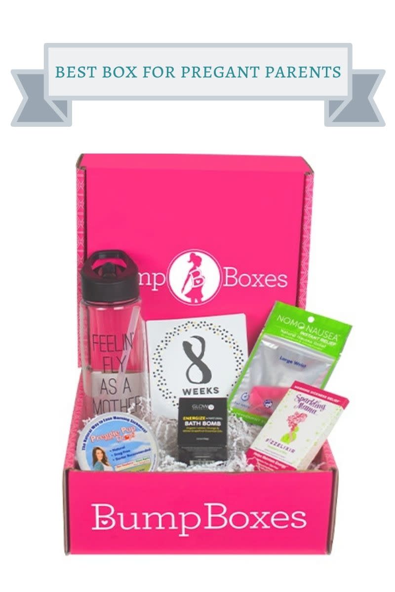 pink box filled with pregnancy products like morning sickness pops and nausea bands