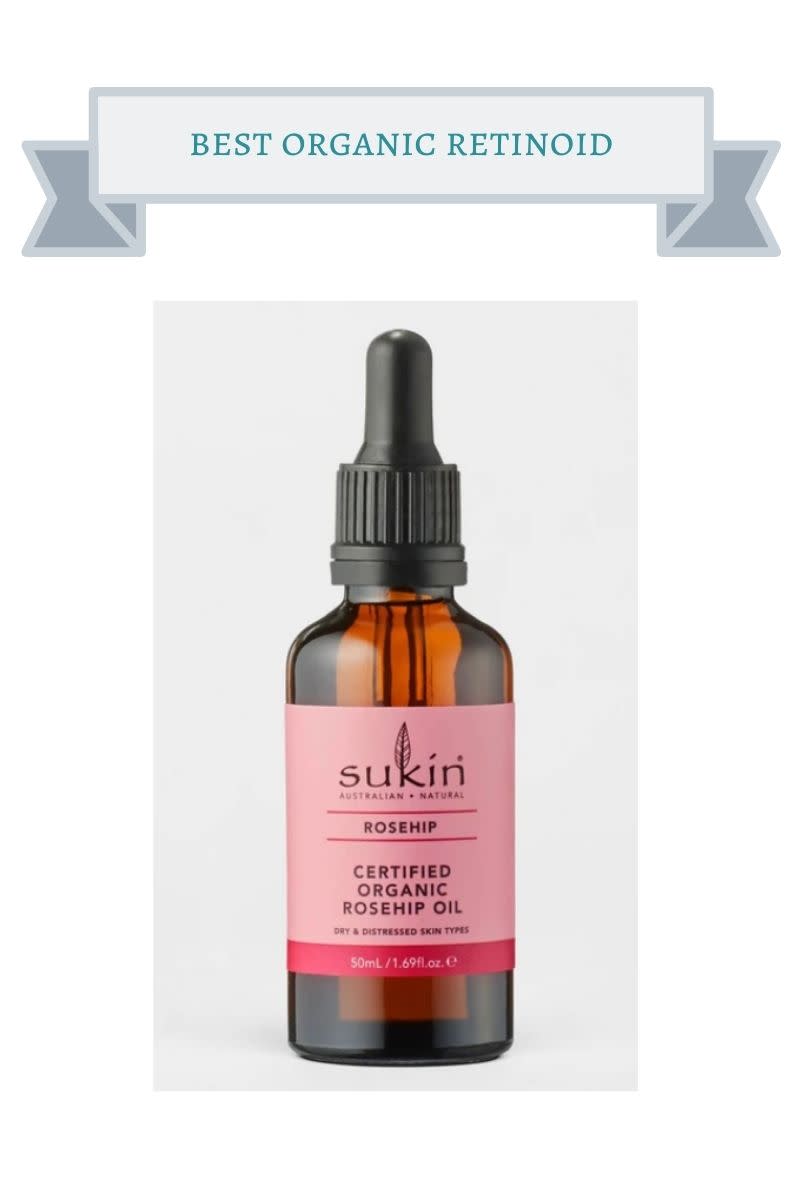 brow bottle with pink label and black cap of Sukin rosehip oil