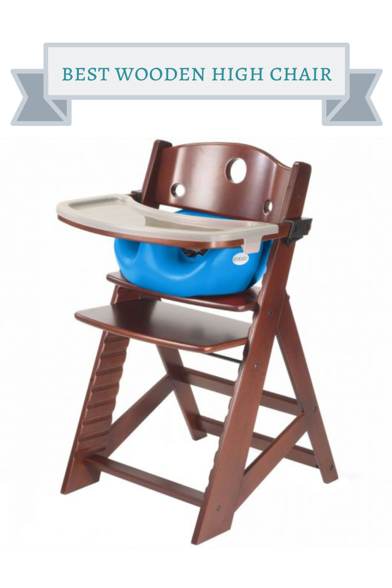brown wooden high chair with blue suit and gray tray