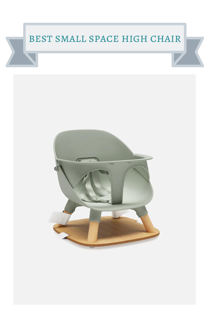 small sage green high chair booster with light brown base